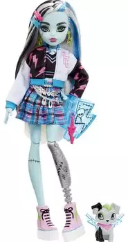 Monster High Фрэнки Стейн Avec Accessoires Et Animal De Mode Cheveux Noirs Et Jouet 3 HHK53 Poupe Compagnie, Poupe Articule, Mchs Bleus, Enfant,