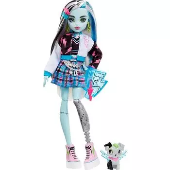Monster High Poupe Frankie Stein Avec Accessoires Et Animal De Compagnie, Mode Articule, Cheveux Mchs Noirs Bleus, Jouet Enfant, Des 3 Ans, HHK53