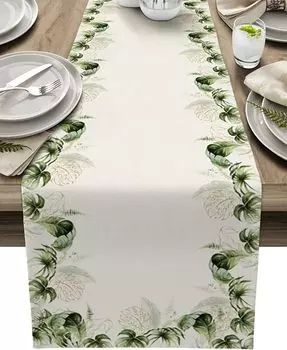 Monstera Leaves Palm Tropical Print Linen Table Runners Vintage Watercolor Plants Table Runners Home Dinner Holiday Party Decor 150x33cm 59x13inch