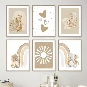 Монстера Медведь Слон Жираф Радуга Настенное Искусство Скандинавские Плакаты Картины На Холсте И Принты Детские Настенные Картины Декор Детской Комнаты 21X30cm No Frame