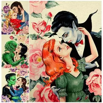 Монстр и любовник Ретро настенная живопись маслом Романтический монстр Любовь и цветы Искусство печать плакатов 21cm30cm NoFrame