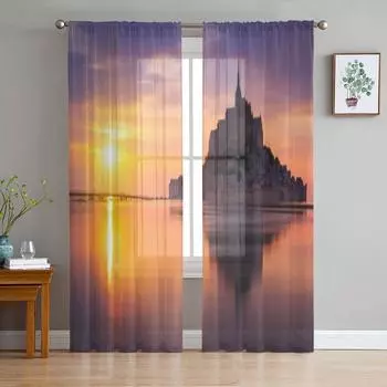 MONT SAINT MICHEL FRANCE Sheer Curtain For Living Room Bedroom Voile Curtains For Window Organza Curtains Party Tulle Drapes 135W x 114H(cm)