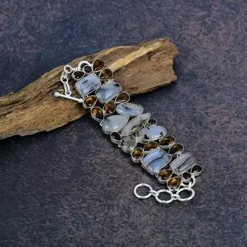 Монтана Агат, Браслет с цитрином, Ювелирные изделия из цельного серебра 925 пробы с драгоценными камнями, Браслет ручной работы, На День благодарения Adjustable with 8 inches жёлтый