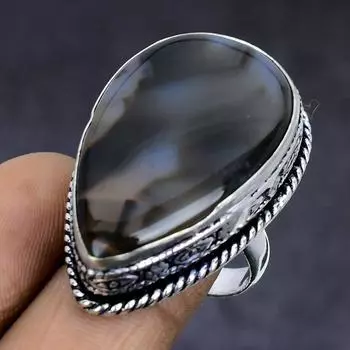 Монтана Агат Драгоценный Камень Серебро 925 пробы Подарочное Ювелирное Кольцо Размер 8 l0q30