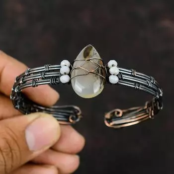 Монтана Агат Манжеты Синие Кружевные Агатовые Бусы Браслет Медная Проволока Обернутые Ювелирные Изделия Регулируемый Браслет Манжеты Ручной Работы Манжеты Из Драгоценного Камня Медные Ювелирные Изделия