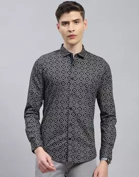 Monte Carlo Black Printed Spread Collar Shirt M