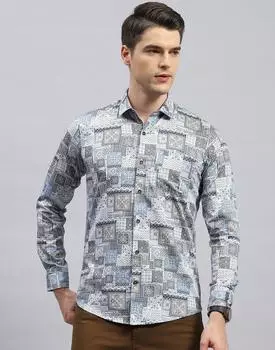 Monte Carlo Mens Blue Printed Collared Neck Full Sleeve Slim Fit Shirt L
