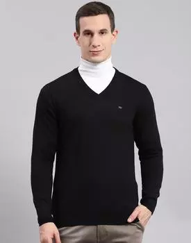 Monte Carlo Mens Solid Black V Neck Full Sleeve Pullover XL