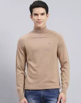 Monte Carlo Mens Solid Camel Brown High Neck Full Sleeve Pullover L