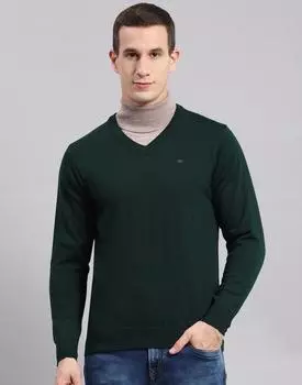 Monte Carlo Mens Solid Green V Neck Full Sleeve Pullover 2XL