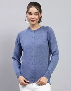 Monte Carlo Womens Solid Blue Round Neck Full Sleeve Cardigan S