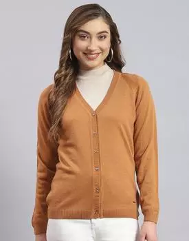 Monte Carlo Womens Solid Brown V Neck Full Sleeve Cardigan S