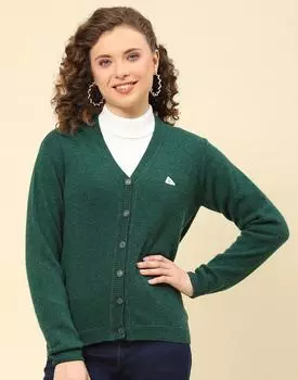 Monte Carlo Womens Solid Green V Neck Full Sleeve Cardigan S