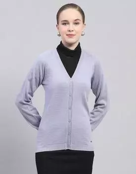 Monte Carlo Womens Solid Light Purple V Neck Full Sleeve Cardigan XL