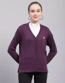 Monte Carlo Womens Solid Purple V Neck Full Sleeve Cardigan M