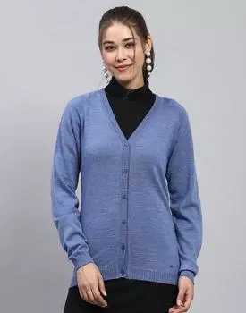 MONTE CARLO Женский однотонный синий кардиган с V-образным вырезом и длинными рукавами S