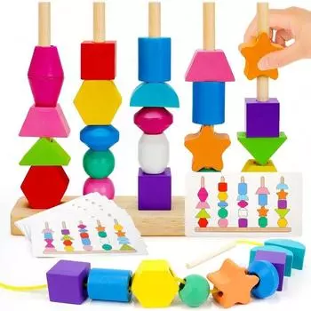 Montessori Toys For 2 3 4 Year Old Kid Boy Girl Toddler Montessori Wooden Beads Sequencing Toy Set Lacing Beads Stacking Block Matching Shape Stacker