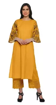 Moomaya Cotton Slub Bell Sleeve Kurta Palazzo Наборы для женщин Этническая одежда 2XL жёлтый