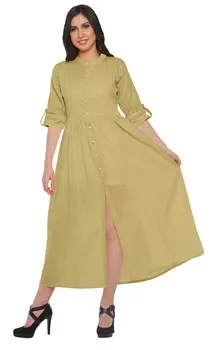 Moomaya Long Women Dress Solid Casual A-Line Front Slit Short Sleeve Kurta 2XL бежевый