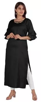 Moomaya Solid Designer Kurti Bell Sleeve Повседневная длинная прямая куртка для женщин 3XL чёрный