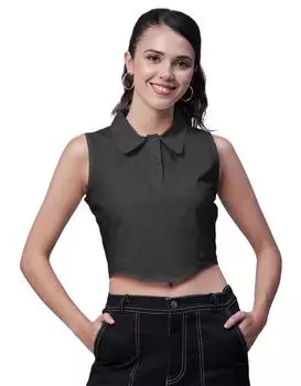 Moomaya Однотонные топы на бретелях для женщин, укороченный топ с рубашкой и воротником без рукавов L зелёный