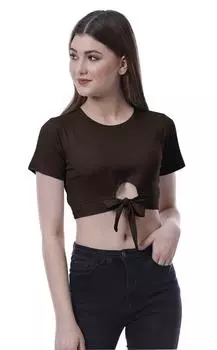 Moomaya Women Front Knot Crop Top с коротким рукавом и круглым вырезом Футболка с узлом L шоколадный коричневый