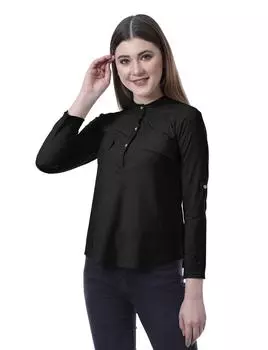 Moomaya Womens Mandarian Band Collar Full Sleeves Top Summer Fit Casual Tee 2XL чёрный