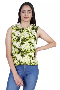 Moomaya Womens Printed Hoodie Top без рукавов Повседневная толстовка с капюшоном Drawstring L жёлтый