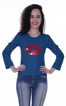 Moomaya Womens Sequin Lips Patch Tshirt Long Sleeves Casual Valentine Top 2XL синий