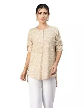 Moomaya Женская длинная летняя туника с круглым вырезом и планкой на пуговицах с принтом 3XL бежевый