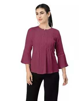 Moomaya Женский однотонный топ с рукавами-колокольчиками, круглый вырез, плиссированная вискоза на пуговицах 3XL красный