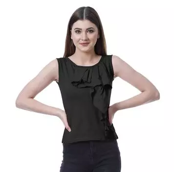 Moomaya Женский топ без рукавов с рюшами и круглым вырезом Блузка Повседневная футболка Топы L чёрный