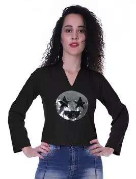 Moomaya Женский топ с v-образным вырезом и нашивкой с пайетками и смайликами Туника с длинным рукавом для летних повседневных развлечений L чёрный