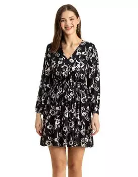 Moomaya Женское вискозное платье с принтом, с длинными рукавами, V-образным вырезом, короткое, летнее 2XL чёрный