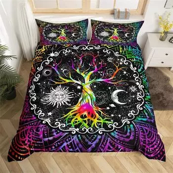 Moon and Sun Duvet Cover Black and White Bedding Soft Tree of Life All Galaxy Stars Mandala Tribal Quilt Cover Decor for Women 135x200cm 2pcs