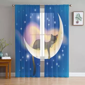 Moon Cat Stars Cute Pet Sheer Curtains for Living Room Decoration Window Curtains for Kitchen Tulle Voile Organza Curtains W135 x H115cm x1