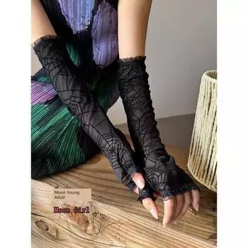 Moon Girl Gothic Subculture Oversleeve JK Dark Cos Lace Spider Pattern Sun Protection Oversleeve Half Finger Gloves Black All yards