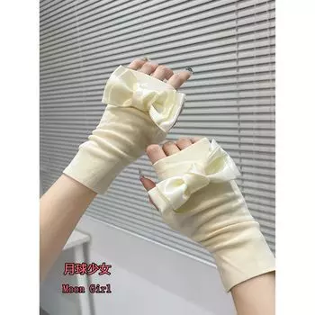 Moon Girl Japan fashion Y2g Gyaru Oversleeve 24 Years Spring and Autumn Breathable Touch Screen Gloves White Bow Oversleeve White All yards