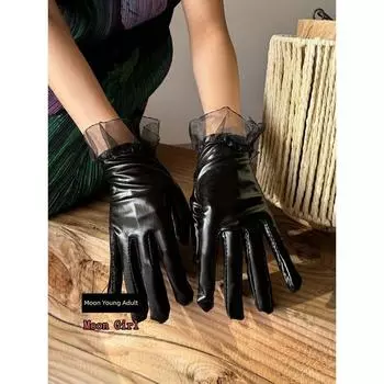 Moon Girl Subculture Y2g Gyaru Black Leather Gloves Women Punk Short Stage Nightclub Performance Full Finger Black All yards