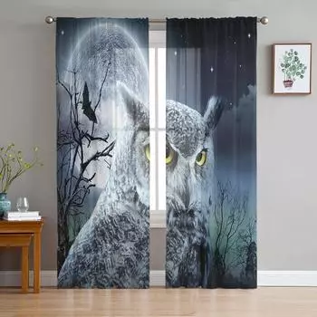 Moon Owl Bat Night Spooky Forest Chiffon Sheer Curtains for Living Room Bedroom Home Decor Window Voile Tulle Curtain Drapes W135 x H114cm