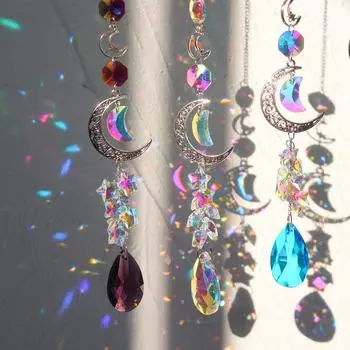 Moon Ring Crystal Wind Chime Sun Catcher Hanging Curtain Prism Ornament Diamond Crystal Rainbow Chaser Pendant Home Garden Decor