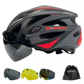 Moon Ultralight Велосипедный защитный шлем для езды на мотоцикле, шлем для езды на открытом воздухе, очки со съемным козырьком, шлем для горного шоссейного велосипеда M (55-58cm) красный черный