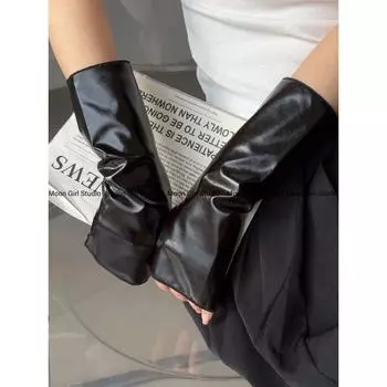 Moon Young Adult Y2g Sexy Ins Wind Millennium Pu Oversleeves Oversleeve Gloves Sun Protection Patent Leather Concealer Touch Screen Black short 24cm One size