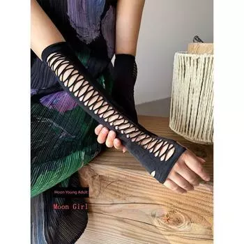 Moon Young Adult Y2g Sexy Oversleeves Punk Ripped Hollow-out Cross Mesh Stretch Gloves Fashion Retro Oversleeve Black All yards
