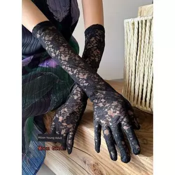 Moon Young Adult Y2g Sexy White Lace Gloves Women s Thin Long Sleeves Sun Protection Sexy Hollow Mesh Oversleeves Black All yards