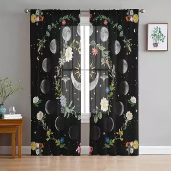 Moonlight Flower Vintage Tarot Stars Voile Sheer Curtains Living Room Window Tulle Curtain Kitchen Bedroom Drapes Home Decor W135 x H114cm