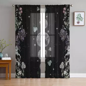 Moonlight Flower Vintage Tarot Stars Voile Sheer Curtains Living Room Window Tulle Curtain Kitchen Bedroom Drapes Home Decor W135 x H114cm