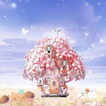 Moonlight Society Весенний сезон цветения сакуры Строительные блоки для домиков на дереве Цветочные украшения Игрушки из микрочастиц Творческие праздничные подарки для девочек 12*8.3*13cm