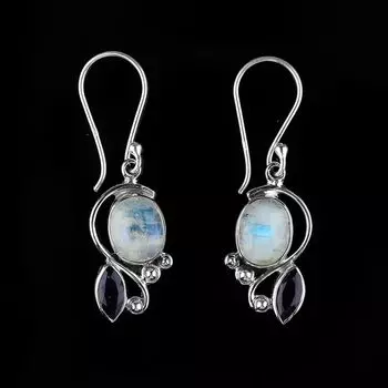 Серьги ручной работы с лунным камнем и аметистом, подарок для нее, серьги с камнем по дате рождения, серебро 925 пробы