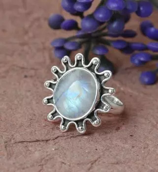 Кольцо из цельного серебра 925 пробы с лунным камнем, женское кольцо, дизайнерское кольцо, богемное кольцо 6